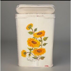VTG Prince Albert Tin Hinge Lid Canister Handpainted Signed Sunflower Kitchen